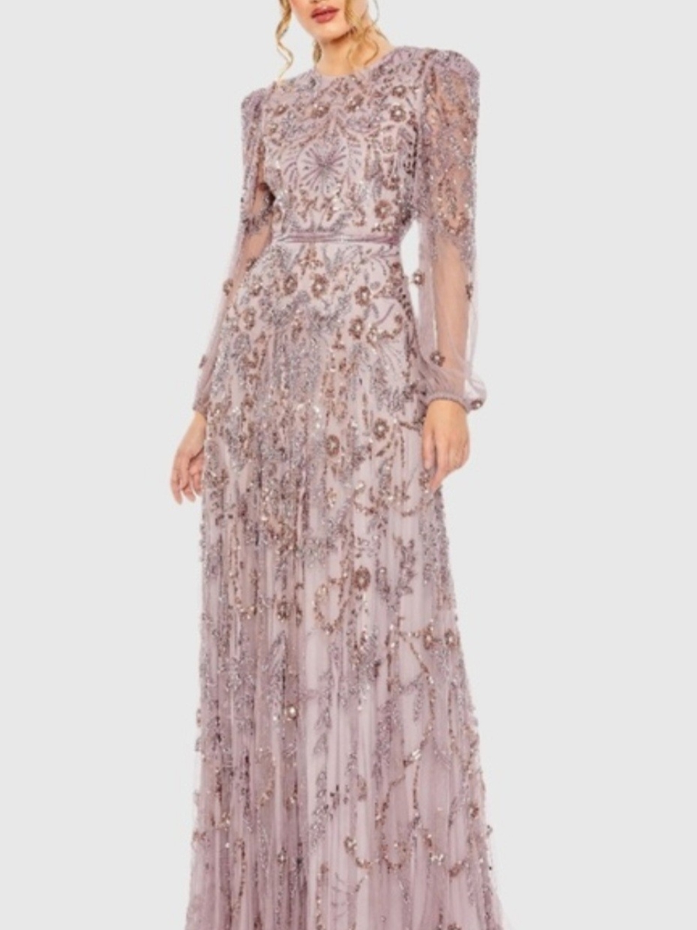 Mac Duggal Mauve Beaded Long-Sleeve Evening Gown